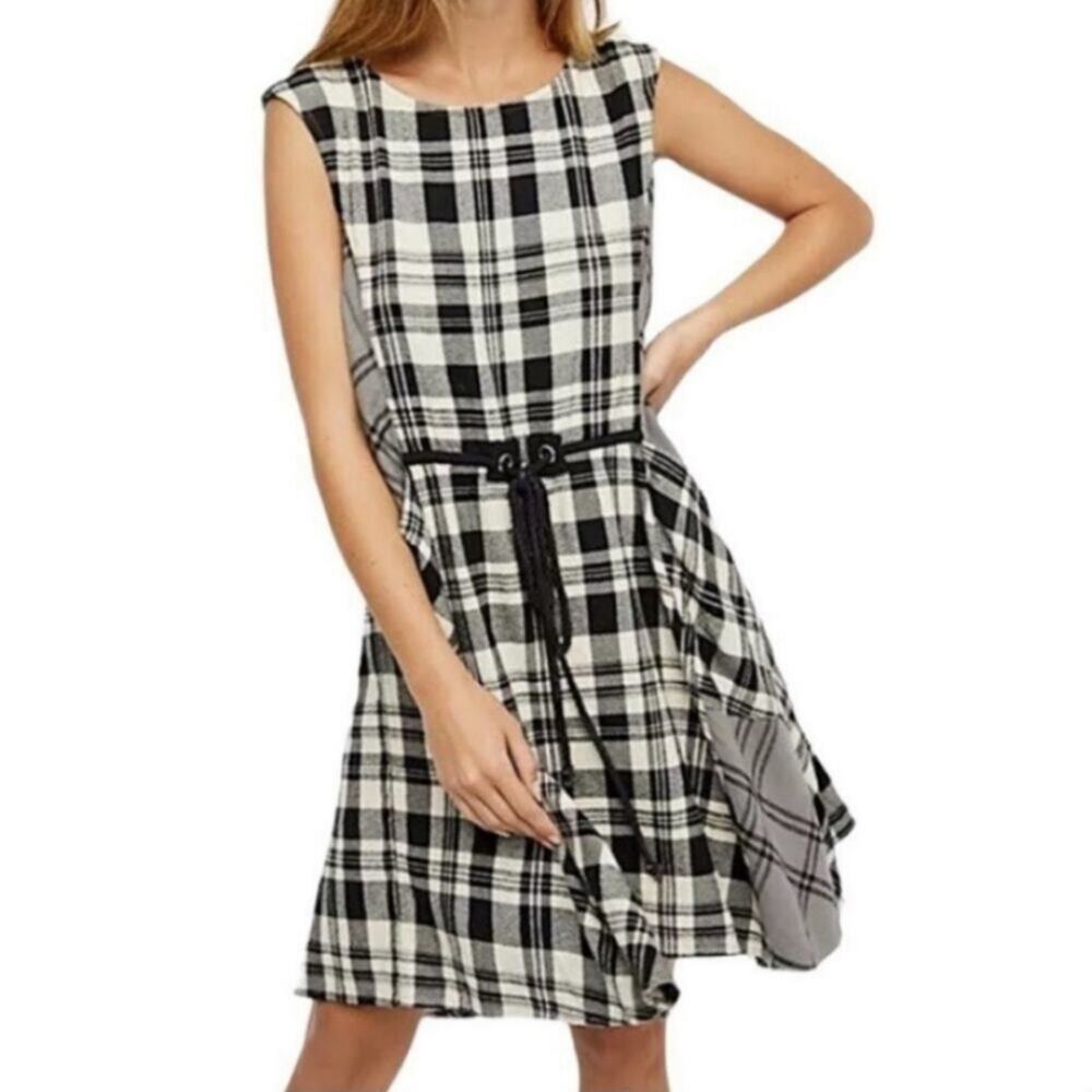 Free People Land Lines Plaid XS Grey White Black Dress